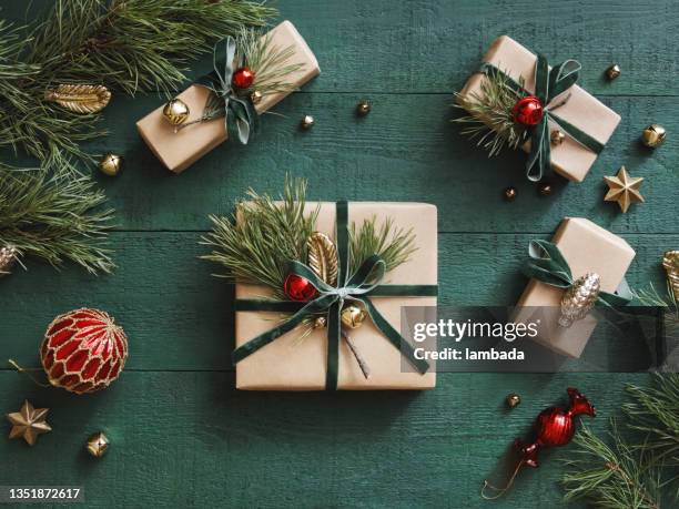 high angle view of christmas present - christmas tree decorations imagens e fotografias de stock