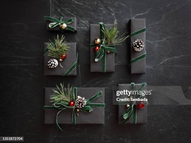 high angle view of christmas presents - country christmas stock pictures, royalty-free photos & images