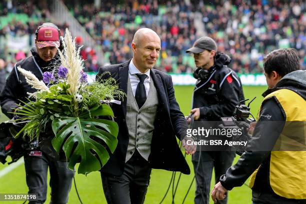 Tribute to Arjen Robben during the Dutch Eredivisie match between FC Groningen and RKC Waalwijk at Euroborg on November 7, 2021 in Groningen,...