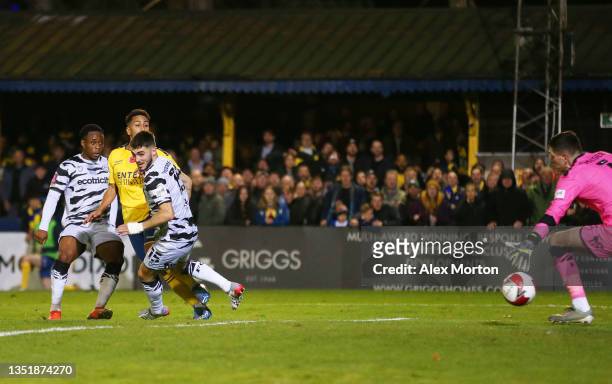 Zane Banton of St Albans City scores their sides second goal during the Emirates FA Cup First Round match between St Albans City and Forest Green...