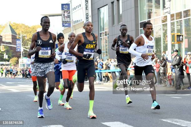 Albert Korir, Vincent Kibet, Kibiwott Kandie, and Kenenisa Bekele are seen during the 2021 TCS New York City Marathon on November 07, 2021 in New...