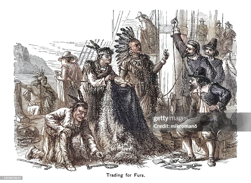 Old engraved illustration of trading for furs