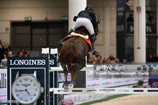 Simon Delestre of France riding Hermes Ryan during Longines FEI Jumping World Cup Verona Presented by Volkswagen on November 7, 2021 in Verona, Italy.
