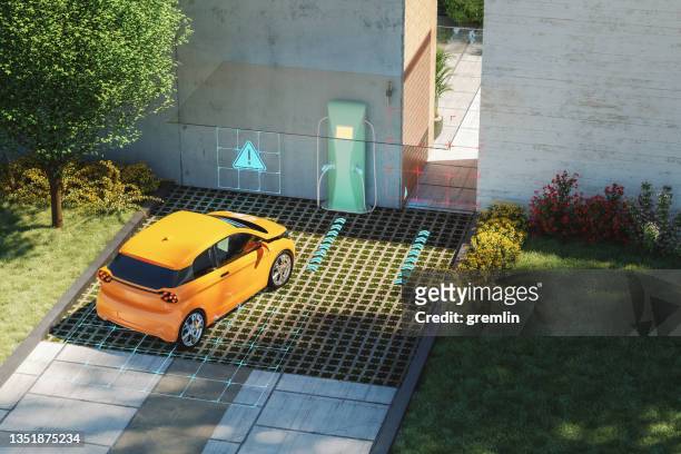 modern house with electric charging station and ai security - entry car imagens e fotografias de stock