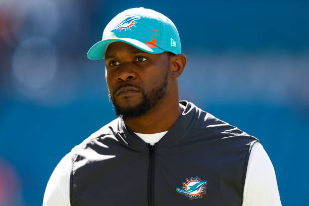Head coach Brian Flores of the Miami Dolphins looks on during before the game against the Houston Texans at Hard Rock Stadium on November 07, 2021 in...
