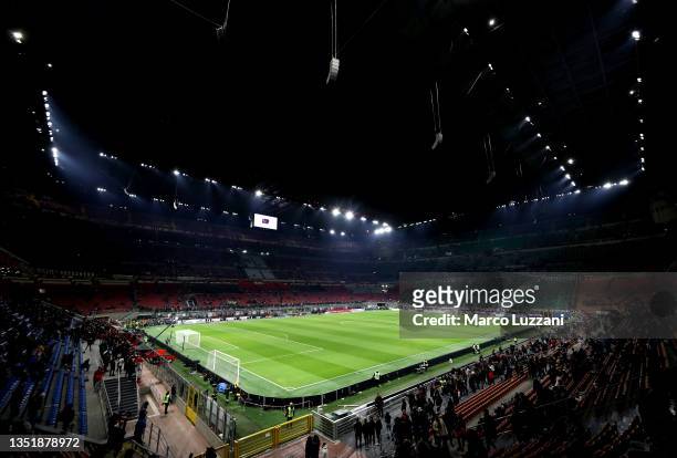 General view inside the stadium prior to the Serie A match between AC Milan and FC Internazionale at Stadio Giuseppe Meazza on November 07, 2021 in...