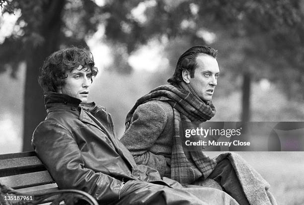 British actors Richard E. Grant and Paul McGann film the parting scene for the movie 'Withnail & I' in Regent's Park, London, 1986.