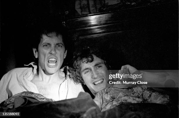 British actors Richard E. Grant and Paul McGann film a scene for the movie 'Withnail & I', 1986.