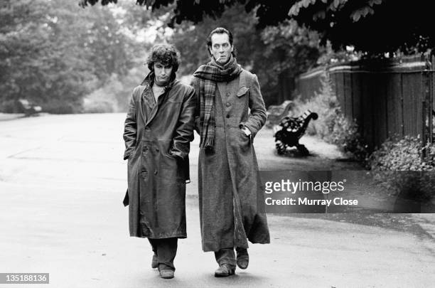 British actors Richard E. Grant and Paul McGann film the parting scene for the movie 'Withnail & I' in Regent's Park, London, 1986.