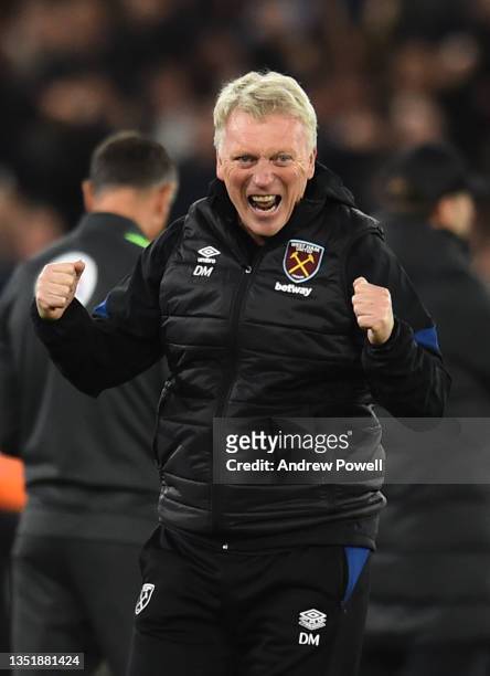 West Ham United manager David Moyes celebrates after scoring the third goal during the Premier League match between West Ham United and Liverpool at...