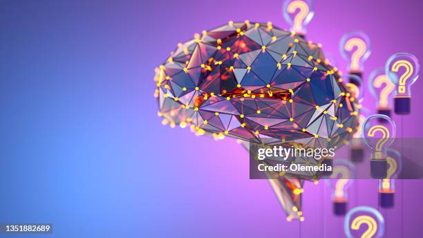 ai artificial intelligence digital concept. abstract brains with bulb and question mark - 3d render object stock pictures, royalty-free photos & images