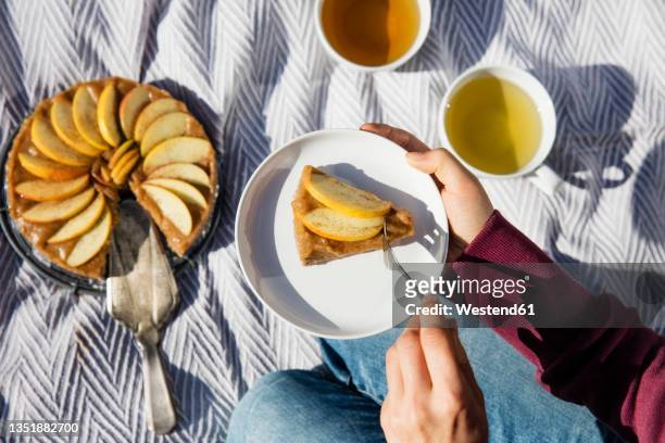 hands of young woman eating freshly baked apple pie on picnic blanket - man eating pie stock-fotos und bilder