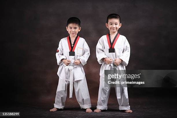 portrait of  young boy doing karate moves - man standing full body isolated stock pictures, royalty-free photos & images