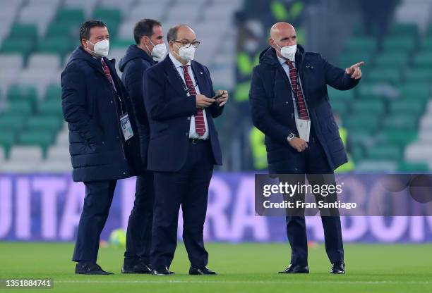 Ramon Rodriguez Verdejo , Sporting Director of Sevilla FC speaks with Jose Castro Carmona, President of Sevilla FC prior to the La Liga Santander...