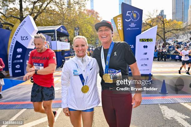 Shalane Flanagan and Abby Wambach are seen during the 2021 TCS New York City Marathon on November 07, 2021 in New York City.