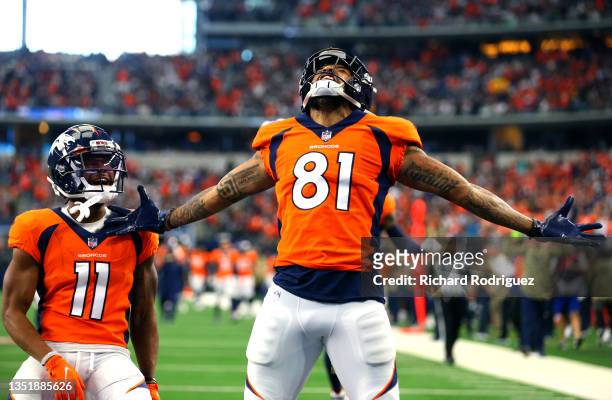 Tim Patrick of the Denver Broncos celebrates after catching the ball for a touchdown during the second quarter against the Dallas Cowboys at AT&T...