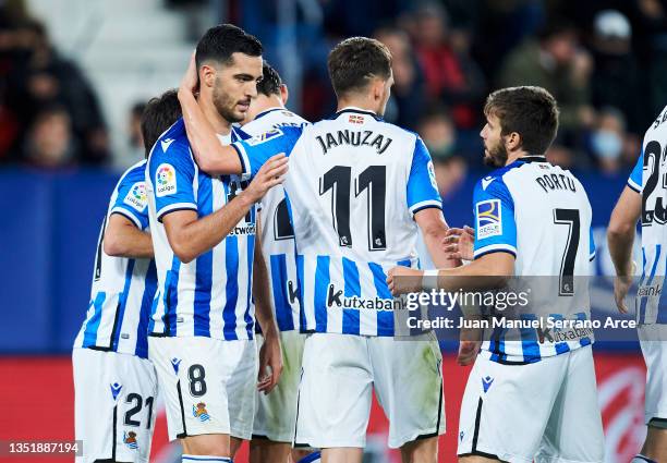 Mikel Merino of Real Sociedad celebrates after scoring goal during the La Liga Santander match between CA Osasuna and Real Sociedad at Estadio El...