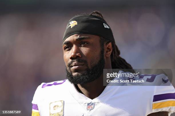 Dalvin Cook of the Minnesota Vikings looks on before the game against the Baltimore Ravens at M&T Bank Stadium on November 07, 2021 in Baltimore,...