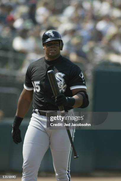 Designated hitter Frank Thomas of the Chicago White Sox stands on the field during the MLB game against the Oakland Athletics at the Network...