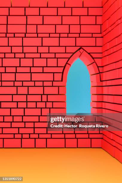 red brick wall with window with yellow walls, 3d render - brick wall brass stock pictures, royalty-free photos & images