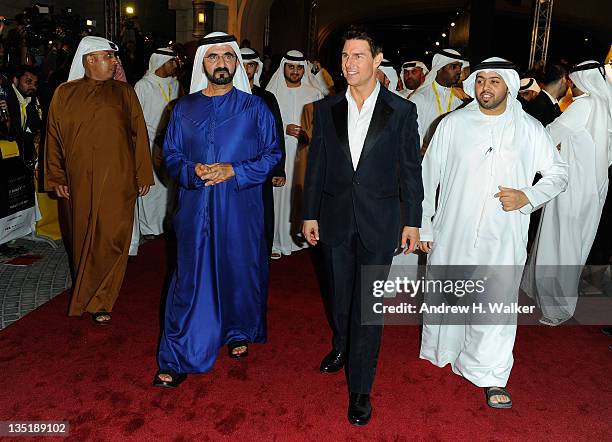 His Highness Sheikh Mohammed Bin Rashid Al Maktoum and actor Tom Cruise attend the "Mission: Impossible - Ghost Protocol" Premiere during day one of...