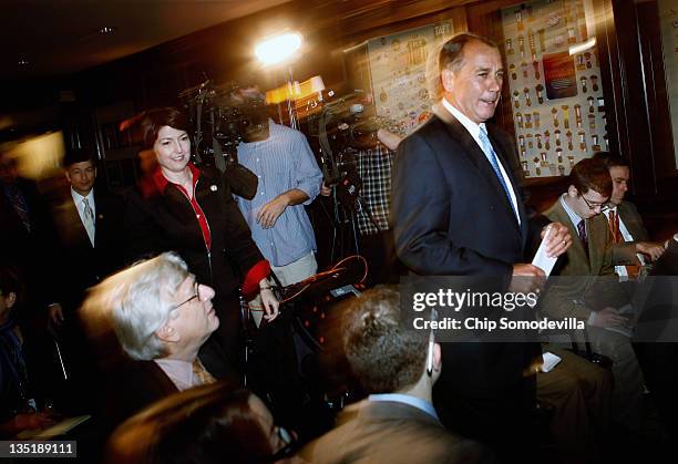 Speaker of the House John Boehner arrives for a news conference with U.S. Rep. Cathy McMorris Rodgers and U.S. Rep. Jeb Hensarling at the Republican...
