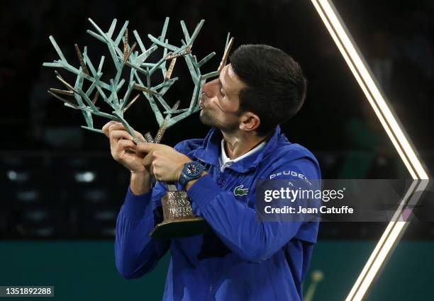 Winner Novak Djokovic of Serbia during the trophy ceremony of the Rolex Paris Masters 2021 Final, an ATP Masters 1000 tennis tournament at Accor...