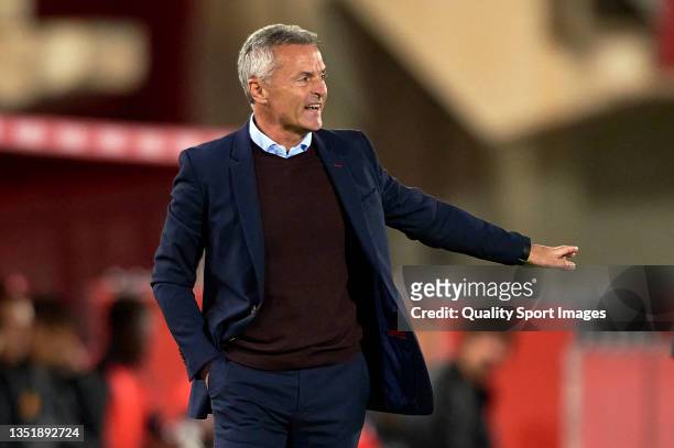 Fran Escriba, coach of Elche reacts during the La Liga Santander match between RCD Mallorca and Elche CF at Estadio de Son Moix on November 07, 2021...