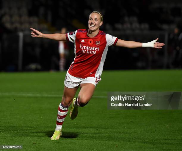 Beth Mead of Arsenal celebrates after scoring their team's third goal during the Barclays FA Women's Super League match between Arsenal Women and...