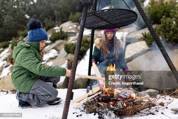 bruder und schwester, die unter dem grill im hinterhof feuern - offenes feuer stock-fotos und bilder