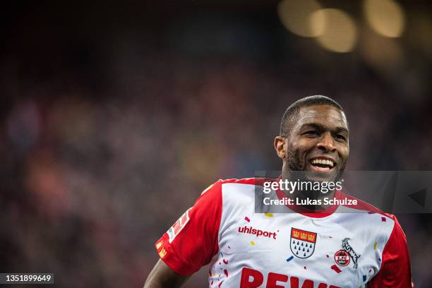 Anthony Modeste of Köln smiles and celebrates his team's first goal during the Bundesliga match between 1. FC Köln and 1. FC Union Berlin at...