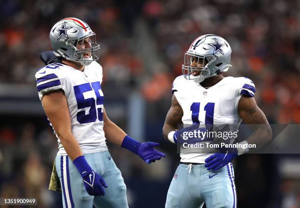 Leighton Vander Esch and Micah Parsons of the Dallas Cowboys react after a play during the third quarter against the Denver Broncos at AT&T Stadium...