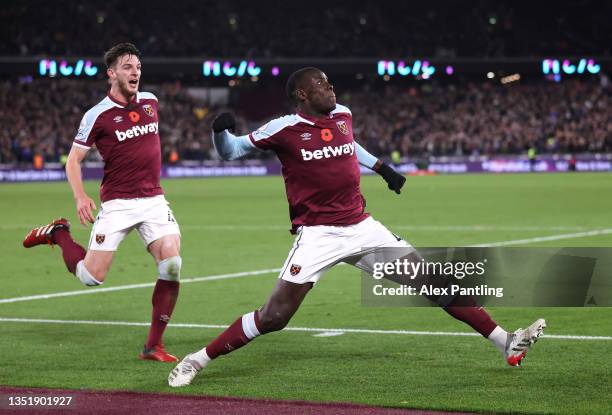Kurt Zouma of West Ham United celebrates after he scores his sides third goal during the Premier League match between West Ham United and Liverpool...