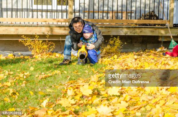 little boy using leaf blower - leaf blower stock pictures, royalty-free photos & images