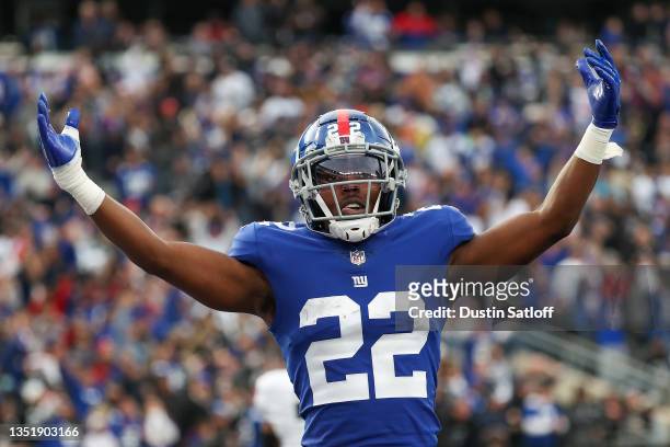 Adoree' Jackson of the New York Giants reacts after a play during the fourth quarter in the game against the Las Vegas Raiders at MetLife Stadium on...