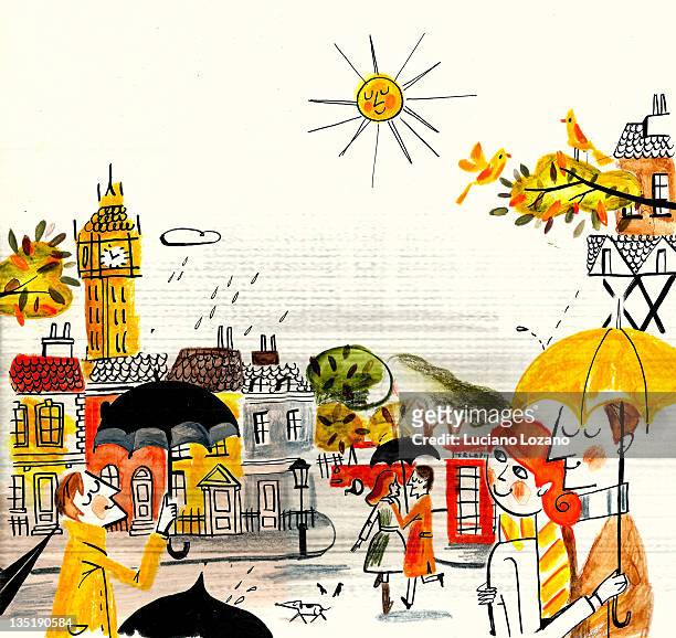 ilustraciones, imágenes clip art, dibujos animados e iconos de stock de rainy day - london england
