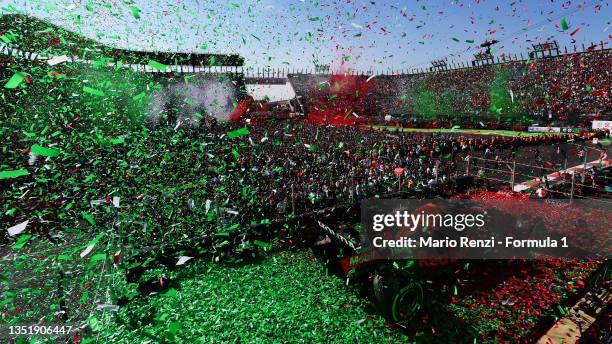 Ticker tape falls all around the podium celebrations during the F1 Grand Prix of Mexico at Autodromo Hermanos Rodriguez on November 07, 2021 in...