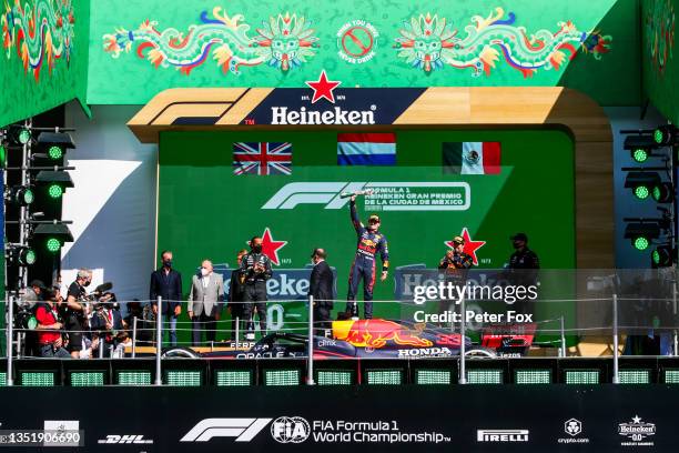 Lewis Hamilton of Mercedes and Great Britain, Max Verstappen of Red Bull Racing and The Netherlands, Sergio Perez of Mexico and Red Bull Racing...