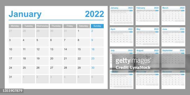 ilustraciones, imágenes clip art, dibujos animados e iconos de stock de calendario para 2022. la semana comienza el lunes. plantilla vectorial simple. planificador de diseño de negocios. - domingo