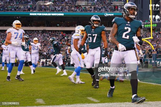 Darius Slay of the Philadelphia Eagles reacts after a fourth down stop against the Los Angeles Chargers in the first quarter at Lincoln Financial...