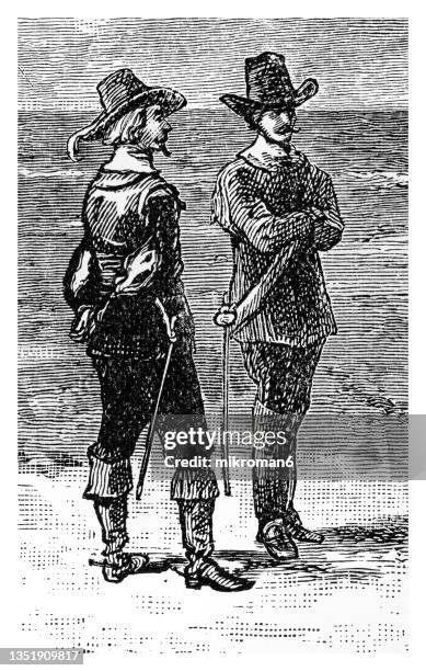 old engraved illustration of colonial soldiers - pilgrim costume stock pictures, royalty-free photos & images