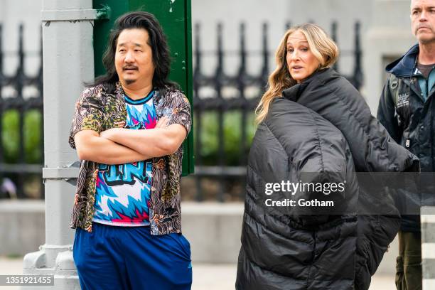 Bobby Lee and Sarah Jessica Parker are seen filming "And Just Like That..." the follow up series to "Sex and the City" in Madison Square Park on...