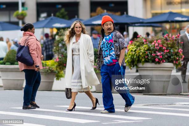 Sarah Jessica Parker and Bobby Lee are seen filming "And Just Like That..." the follow up series to "Sex and the City" in Madison Square Park on...