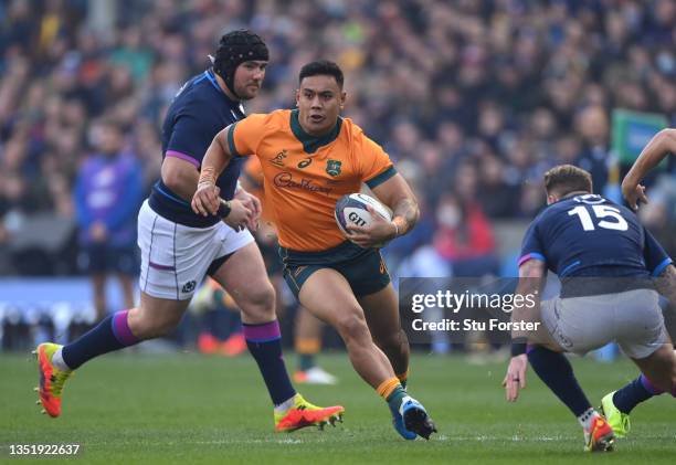 Wallabies centre Len Ikitau makes a break during the Autumn Nations Series match between Scotland and Australia at Murrayfield Stadium on November...