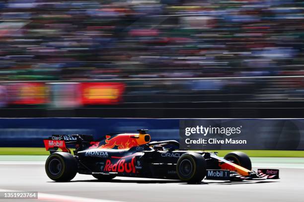 Max Verstappen of the Netherlands driving the Red Bull Racing RB16B Honda on track during the F1 Grand Prix of Mexico at Autodromo Hermanos Rodriguez...
