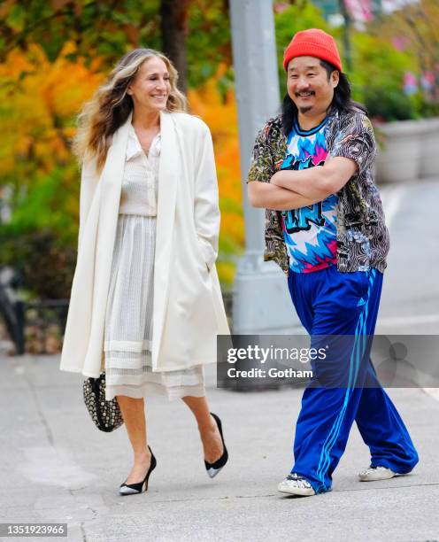 Sarah Jessica Parker and Bobby Lee on location for 'And Just Like That' on November 07, 2021 in New York City.