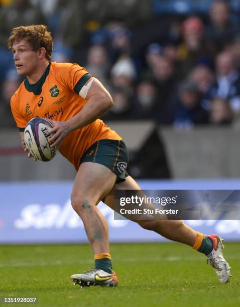 Wallabies captain Michael Hooper makes a break during the Autumn Nations Series match between Scotland and Australia at Murrayfield Stadium on...