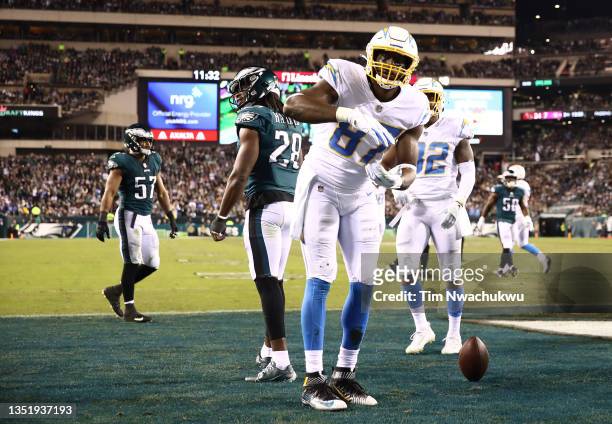 Jared Cook of the Los Angeles Chargers reacts catching a two-point conversion against the Philadelphia Eagles in the fourth quarter at Lincoln...