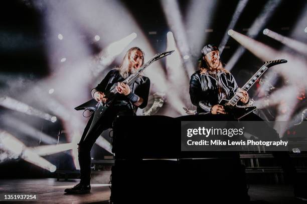 Michael Paget and Matthew Tuck of Bullet For My Valentine perform on stage at Motorpoint Arena Cardiff on November 07, 2021 in Cardiff, Wales.
