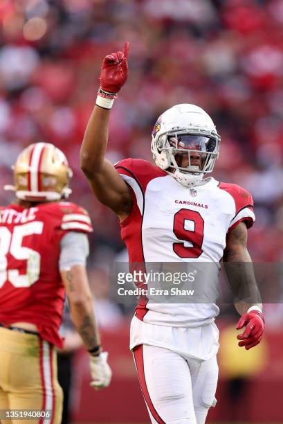 Isaiah Simmons of the Arizona Cardinals reacts after breaking up a pass during the fourth quarter against the San Francisco 49ers at Levi's Stadium...